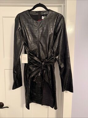 MSGM Black Faux-Croc Long-Sleeve Tie-Waist Dress